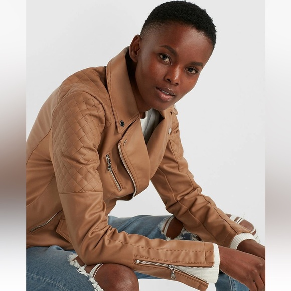 Express (minus) the leather quilted moto honey brown zip up jacket Sz M - Picture 2 of 12